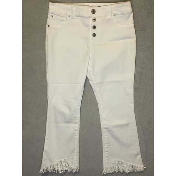 INC Jeans Women's Size 4, White Regular Fit Angled Tassel Hem Button Fly Stretch - Picture 1 of 5